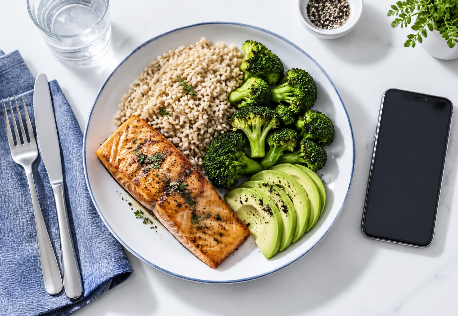 Overhead view of a salmon, rice, broccoli and avocado meal next to a phone